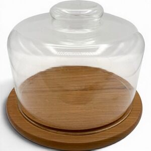 Vintage Dolphin Teakwood Cheese / Pastry Dome Glass Cloche Server Thailand 9"